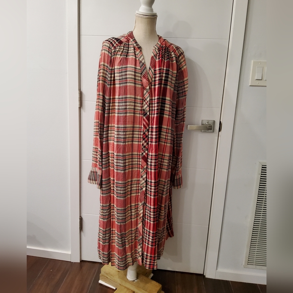 Free People Loralei Plaid Button Down Midi Dress Longline Shirt Size M - Picture 4 of 15